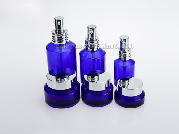 Download wholesale 30ml 60ml 125ml blue cosmetic glass slant shoulder bottle and cream jar - hongmoglass